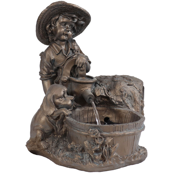 Sunnydaze Boy with Dog Solar Water Fountain with Battery/LED Lights - 15 in