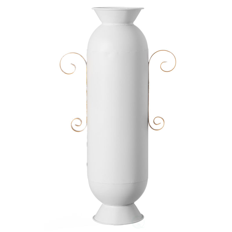 19.25 in Tall Decorative White Metal Floor Vase With 2 Gold Handles - Elegant Handcrafted Chic Vessel for Entryway, Living Room, or Dining Room - Modern Home Decor Accent - Tall Floor Standing Vase