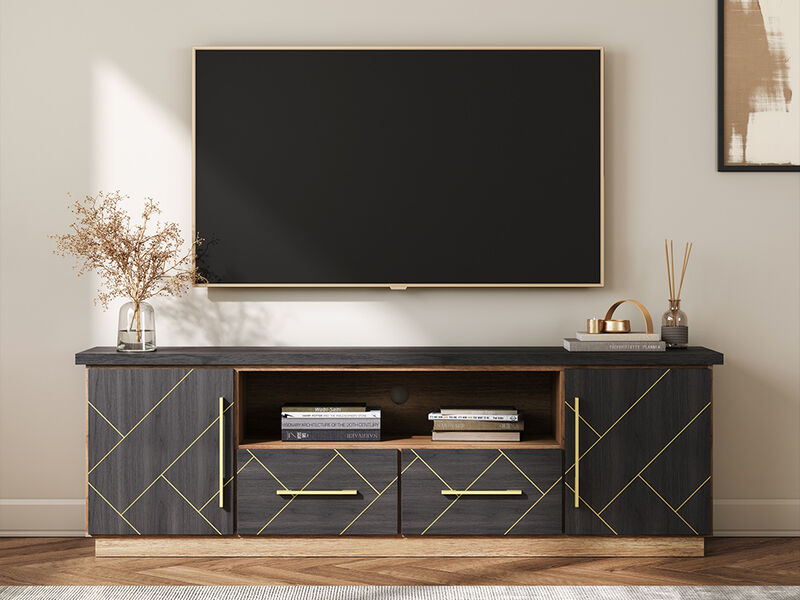 BELLEZE 70 Inch Modern TV Stands for Living room, Entertainment Center With Storage, Media Console Table with 2 Drawers and Open Shelves for Living Room, Bedroom (Espresso Black)