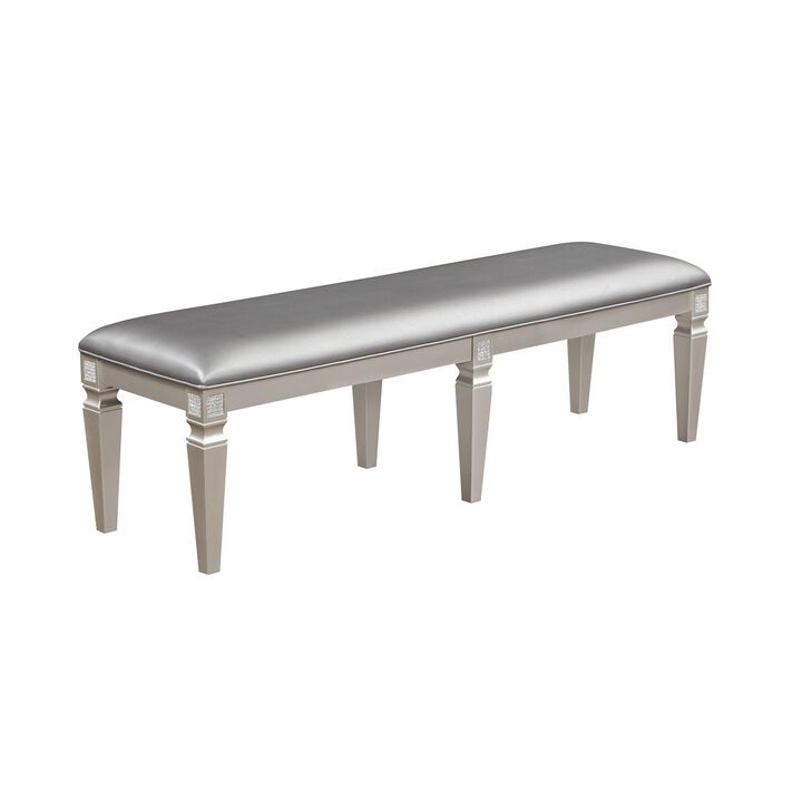 Scott 60 Inch Dining Bench, Sparkling Silver Gray Faux Leather, Wood Frame - Benzara