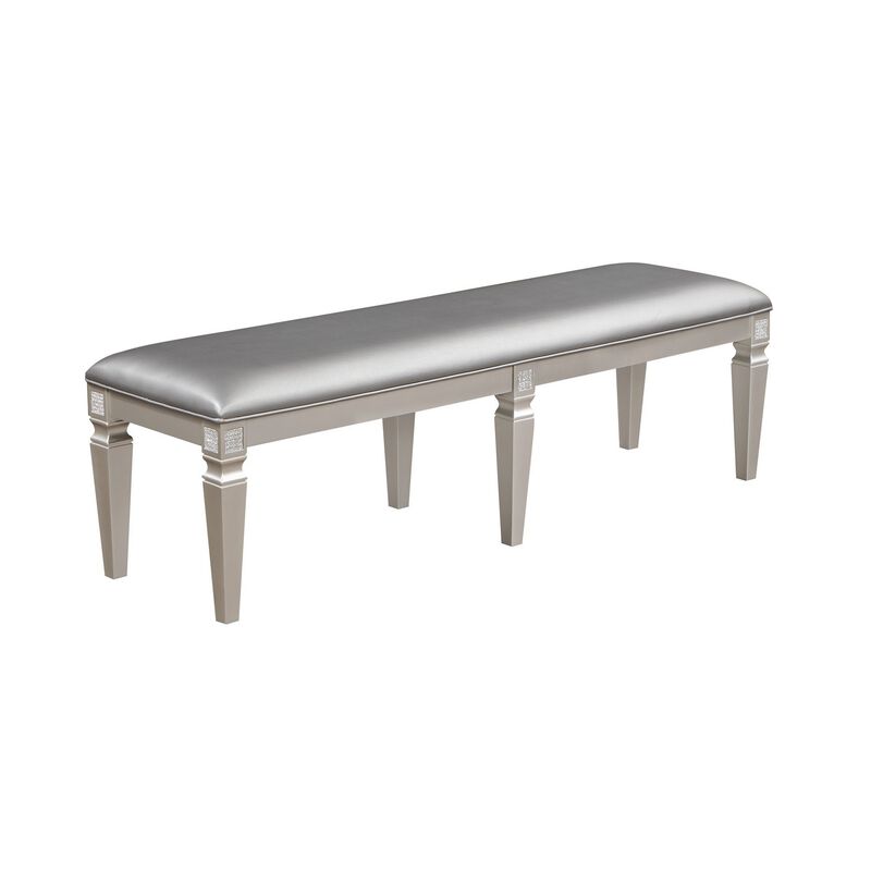Scott 60 Inch Dining Bench, Sparkling Silver Gray Faux Leather, Wood Frame - Benzara