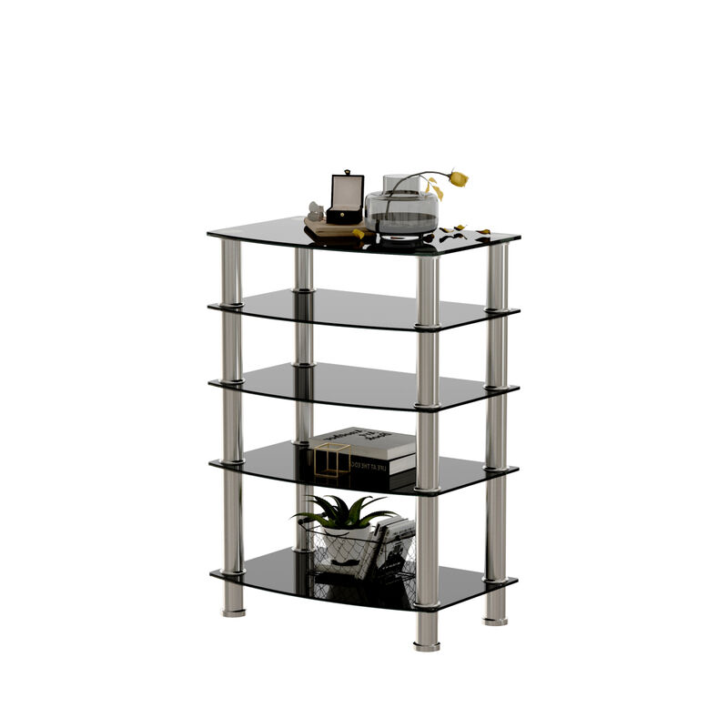 5-Tier Tempered Glass Side Table Stainless Steel Frame End Table For Living Room, Bedroom, Black