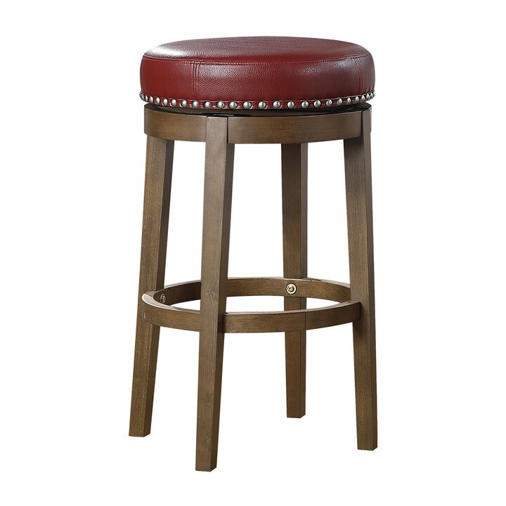 Bara 31 Inch Swivel Barstool, Red Round Faux Leather, Brown Wood, Set of 2 - Benzara