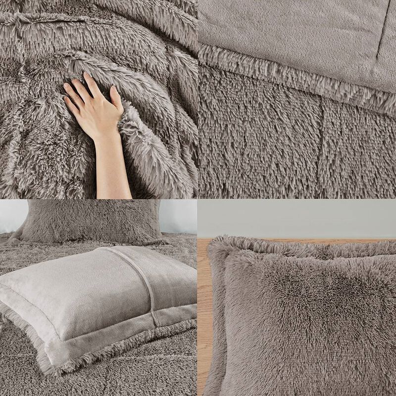 Hivvago Full/Queen Grey Soft Sherpa Faux Fur 3 Piece Comforter Set with Pillow Shams