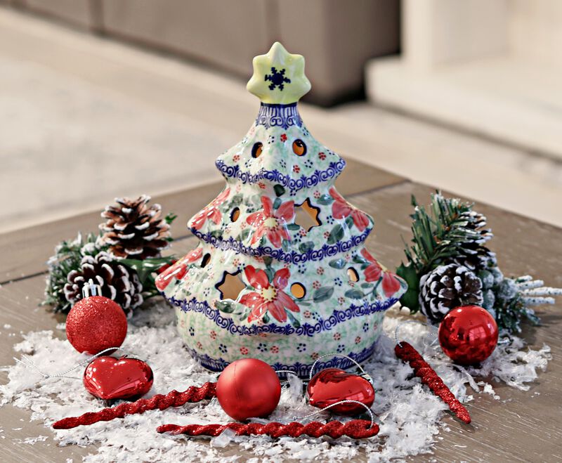 Blue Rose Polish Pottery Poinsettia Christmas Tree Luminary