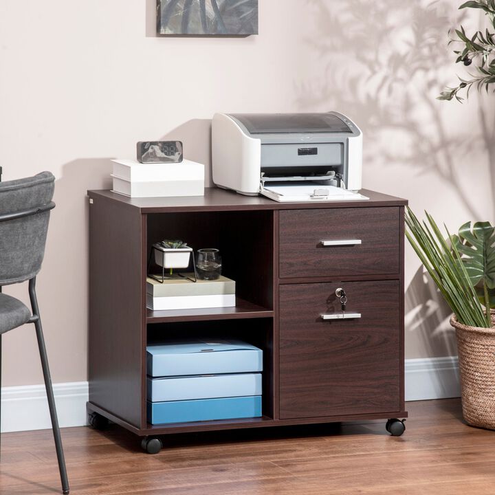 Walnut Mobile Storage: Lateral File Cabinet with Wheels & Open Shelves