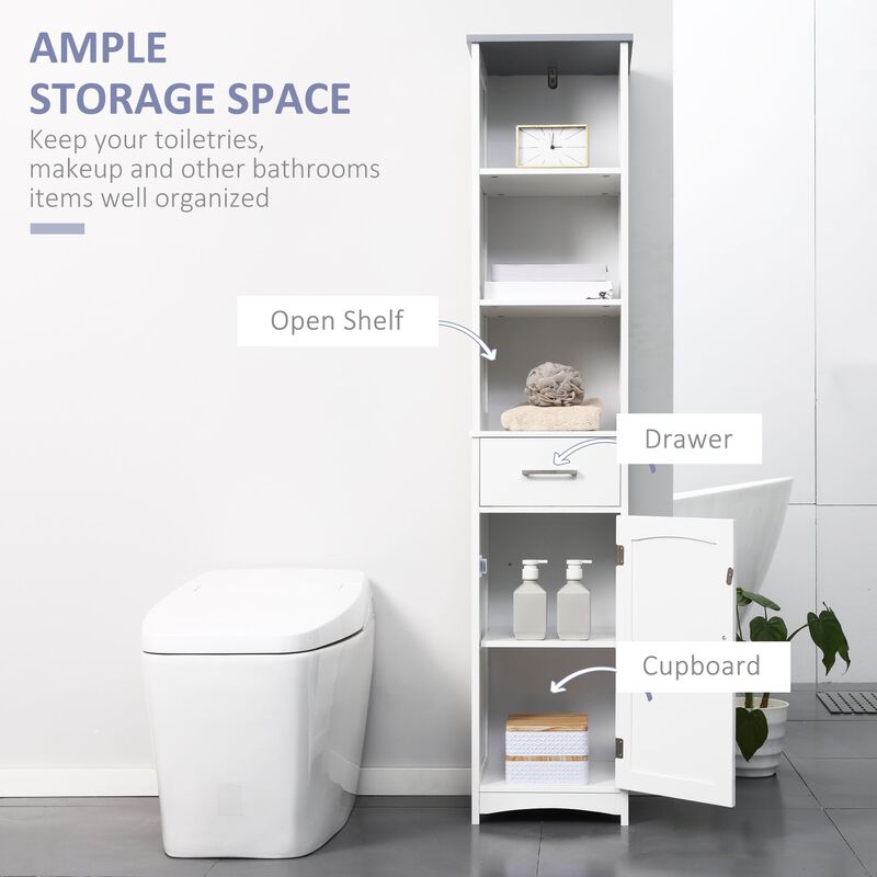 White Bathroom Organizer: Slim 3-Tier Cabinet with Drawer & Door