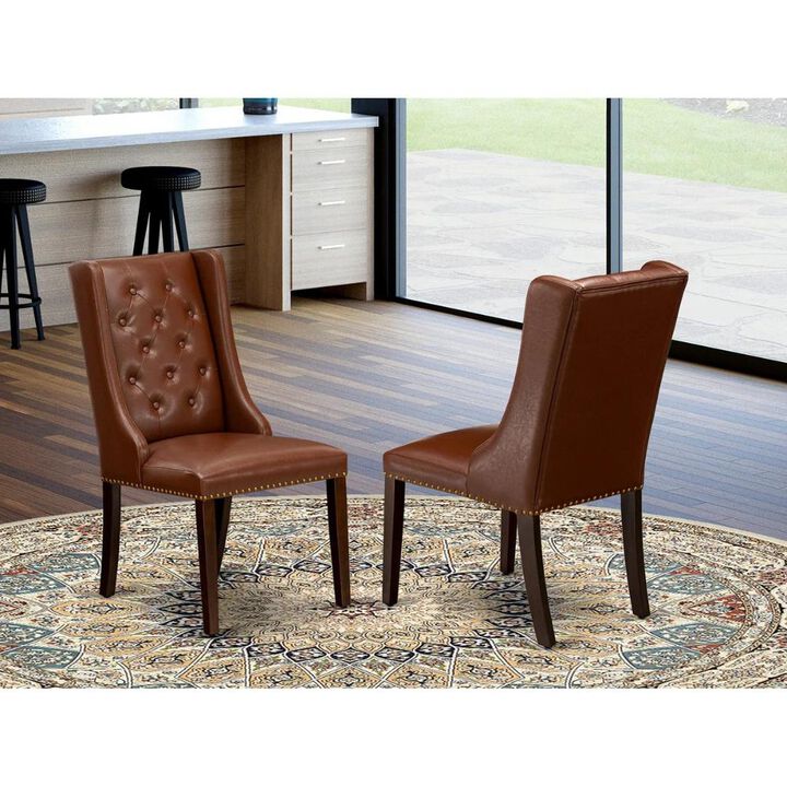 Kitchen Parson Chairs - Brown Linen Fabric Upholstered Dining Chairs and Button Tufted Back with Mahogany Rubber Wood Legs - Dining Room Chairs Set of 2 - Set of 2