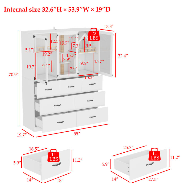 FUFU&GAGA MDF Cat Cabinet with 7 Spacious Drawers, Metal Handles & Lock – Cable Management, Cat Hole, (55" x 19.7" x 70.9"), White