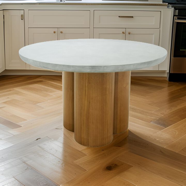 Cid Ziv 47 Inch Dining Table, Gray Faux Concrete Round Top, 3 Pillar Base - Benzara