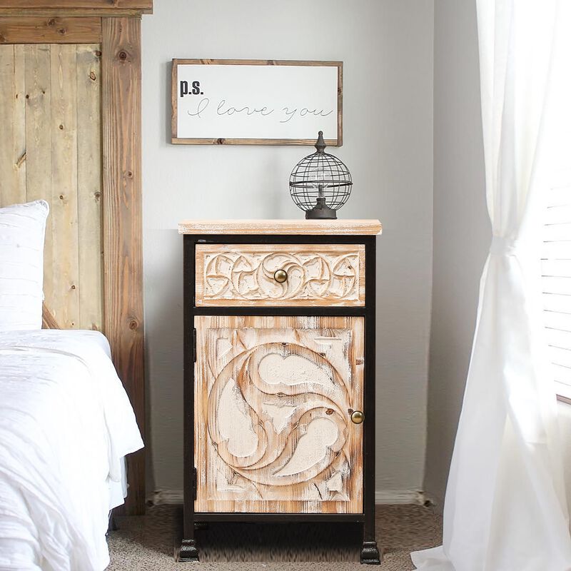 LuxenHome Black Metal Frame and Carved Wood 1-Door 1-Drawer End Table with Storage