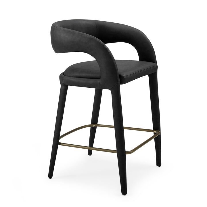 Cid Taya 26 Inch Counter Stool Chair, Curved Open Back, Black Faux Leather - Benzara