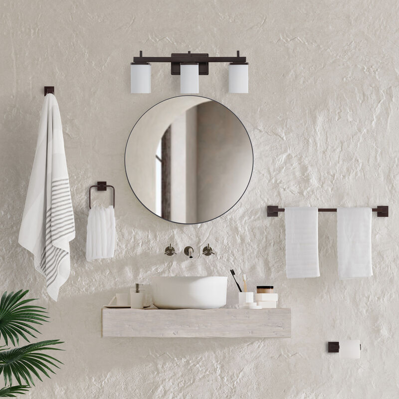 Caia 22.38" 3-Light Modern Contemporary Vanity Light with Frosted Glass Shades and Bathroom Hardware Accessory 5-Piece Set