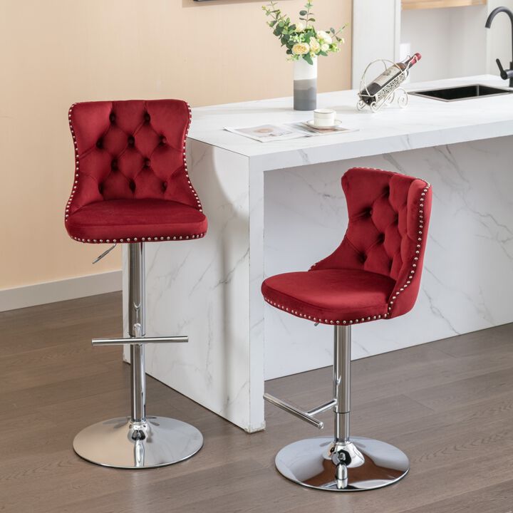 Adjustable Swivel Barstools Set in Wine Red