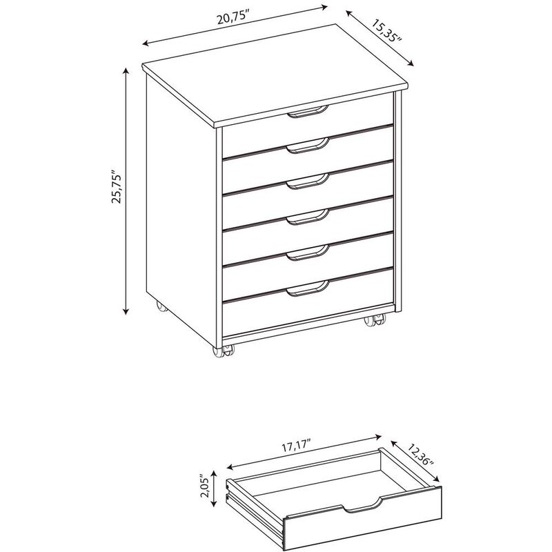 Linon Cary Six Drawer Wide Roll Cart, White Wash