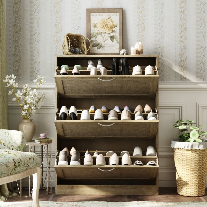 42.5 in. H x 31.5 in. W Burly Wood Color Wooden Shoe Storage Cabinet with 3 Large Drawers and 6 Shelves in Total