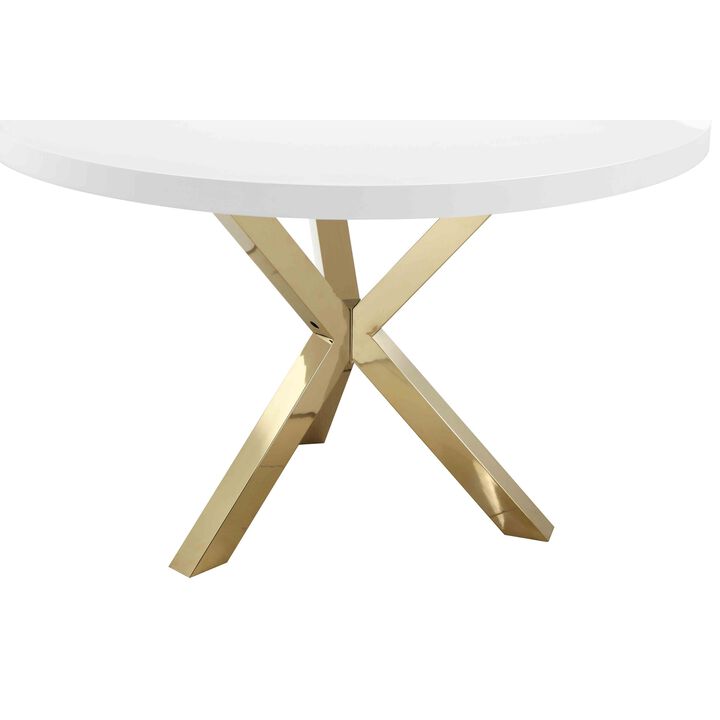 Emi 47 Inch Dining Table, Round White Lacquer Top, X Twisted Gold Legs - Benzara