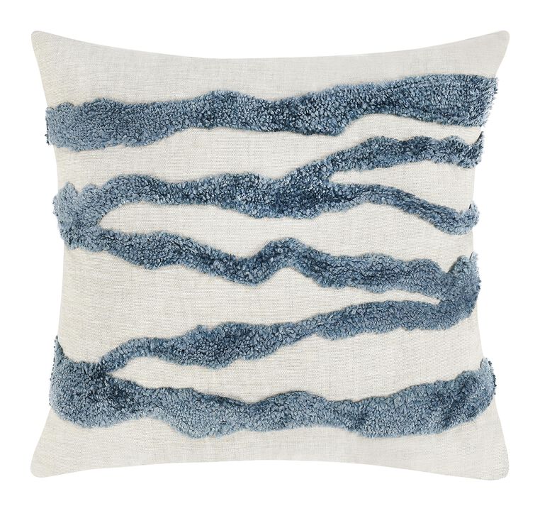 Poll Square Accent Throw Pillow, 22 Inch, Down Fill, Blue, Ivory Linen - Benzara