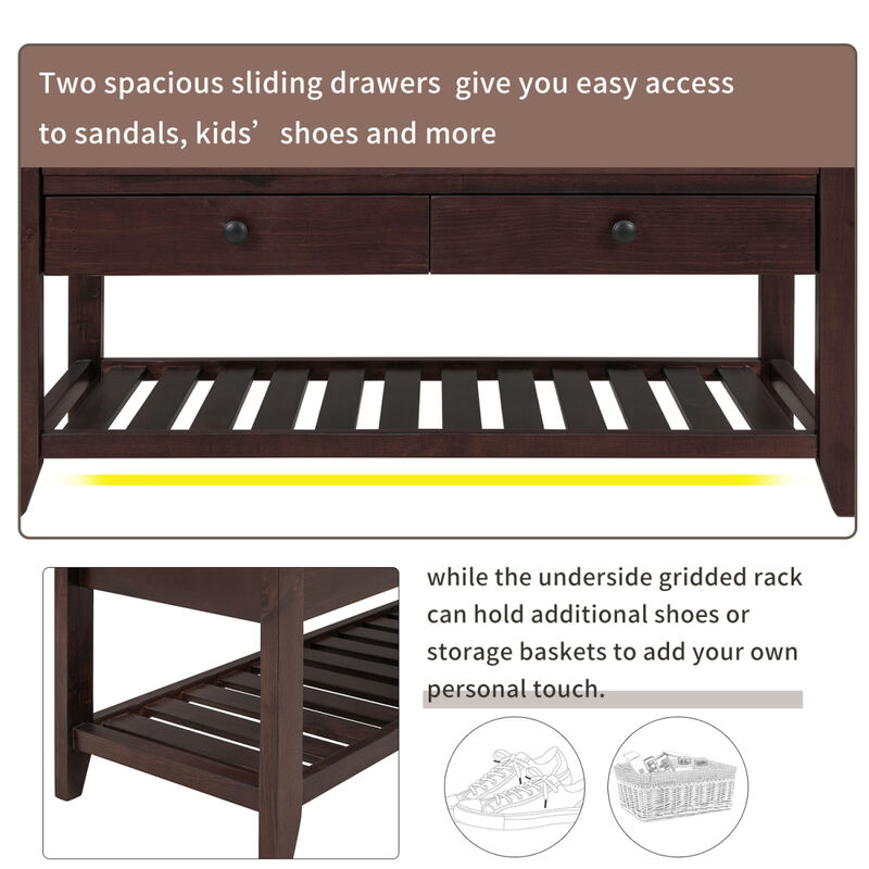 Shoe Rack With Cushioned Seat And Drawers, Multipurpose Entryway Storage Bench (Espresso)