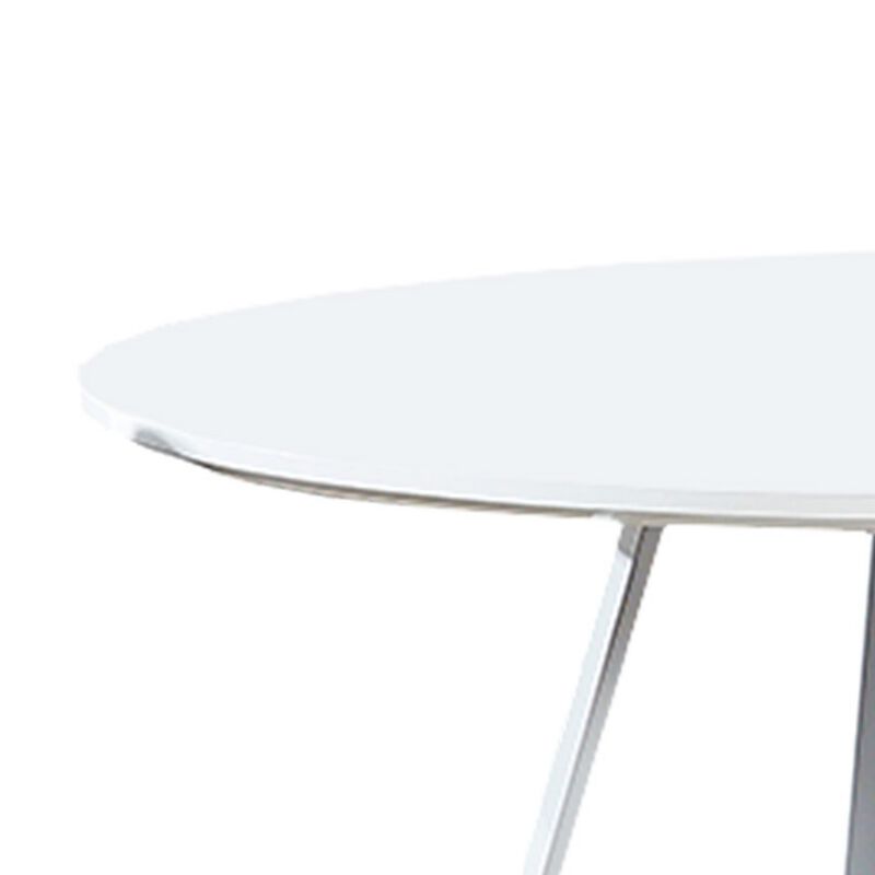 43 Inch Dining Table, Round High Gloss White Top and Angled Metal Legs - Benzara