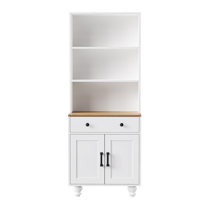 Clihome Farmhouse Storage Cabinet with 4 Solid Wood Gourd-Shaped Legs, Modern Kitchen Pantry Cabinet with Adjustable Shelves, 5 Tier Bookshelf with Drawer for Living Room, White