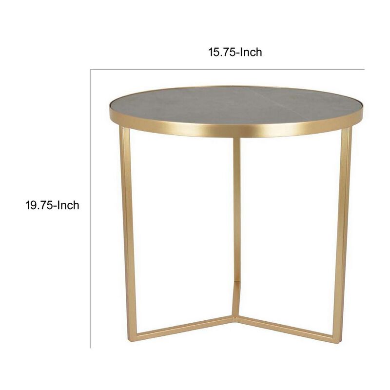 20 Inch Plant Stand Table, 3 Legged Metal Base, Gray Marble, Gold Finish - Benzara