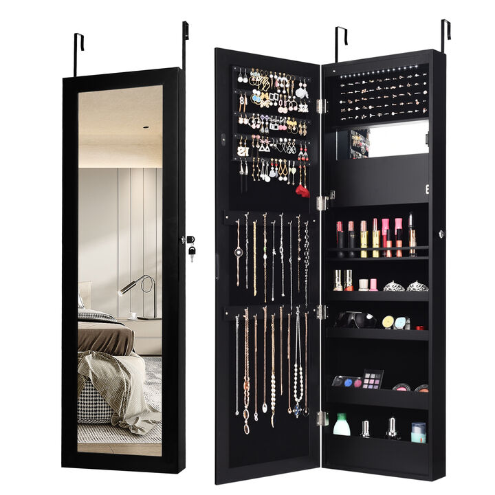 Lockable Wall Door Mounted Mirror Jewelry Cabinet w/LED Lights