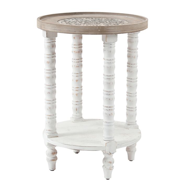 LuxenHome White and Natural Wood Round Accent Side Table with Storage