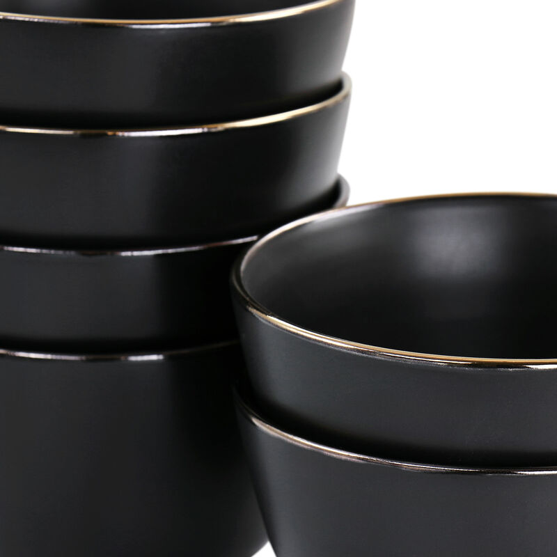 Elama Paul 6 Piece Stoneware Bowl Set in Matte Black with Gold Rim