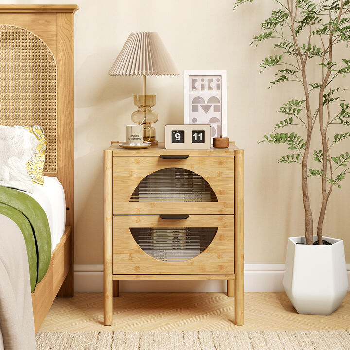 Nightstand with 2 Storage Drawers and Reeded Tempered Glass Fronts