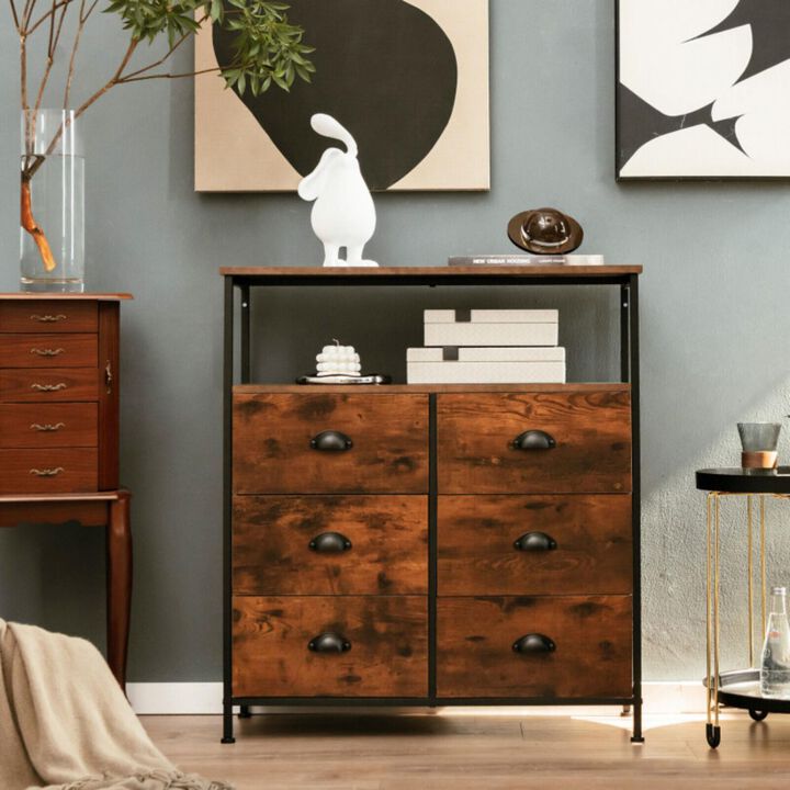 Hivvago 2-Tier Storage Chest with Wooden Top and 6 Fabric Drawers-Rustic Brown