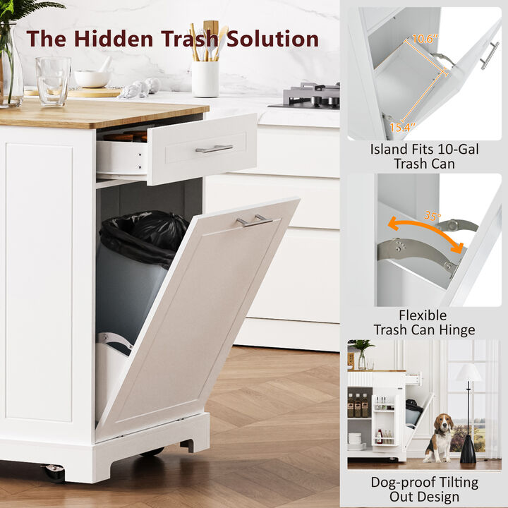 Merax Fluted Kitchen Island with Trash Can Storage Cabinet