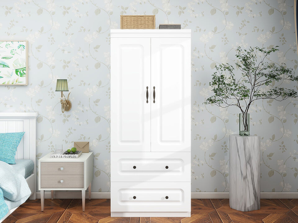 Wardrobe Closet with 2 Doors Wood Armoire Wardrobe Closets Cabinet Wardrobe Cabinet White Storage Cabinet Bedroom Armoires with Hanging Rod 2 Drawers