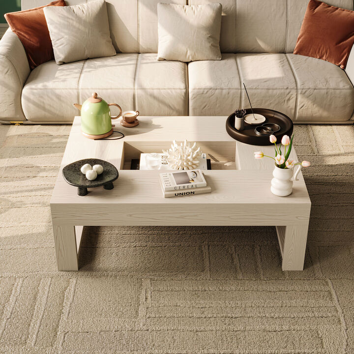 FUFU&GAGA Modern White Wood Coffee Table – Solid Wood, Spacious Tabletop with Built-in Storage, Sturdy Frame (47.2" W x 35.4" D x 15.8" H), White