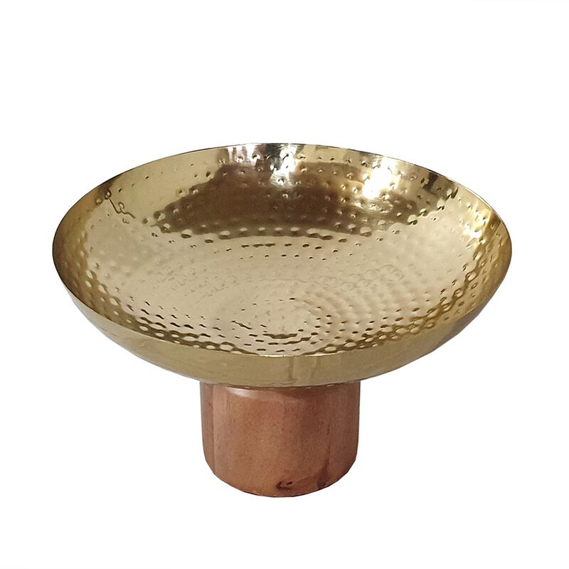 Roe 12 Inch Large Acacia Wood Table Bowl, Steel, Decorative, Gold and Brown - Benzara