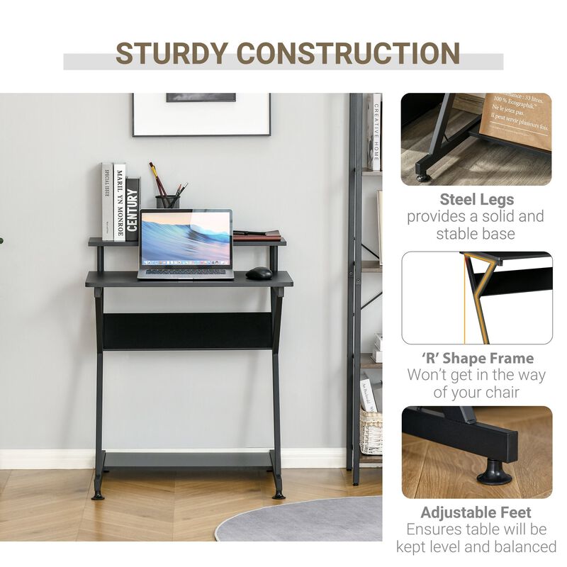 Black Home Office: Industrial R-Shaped Desk with Monitor Shelf