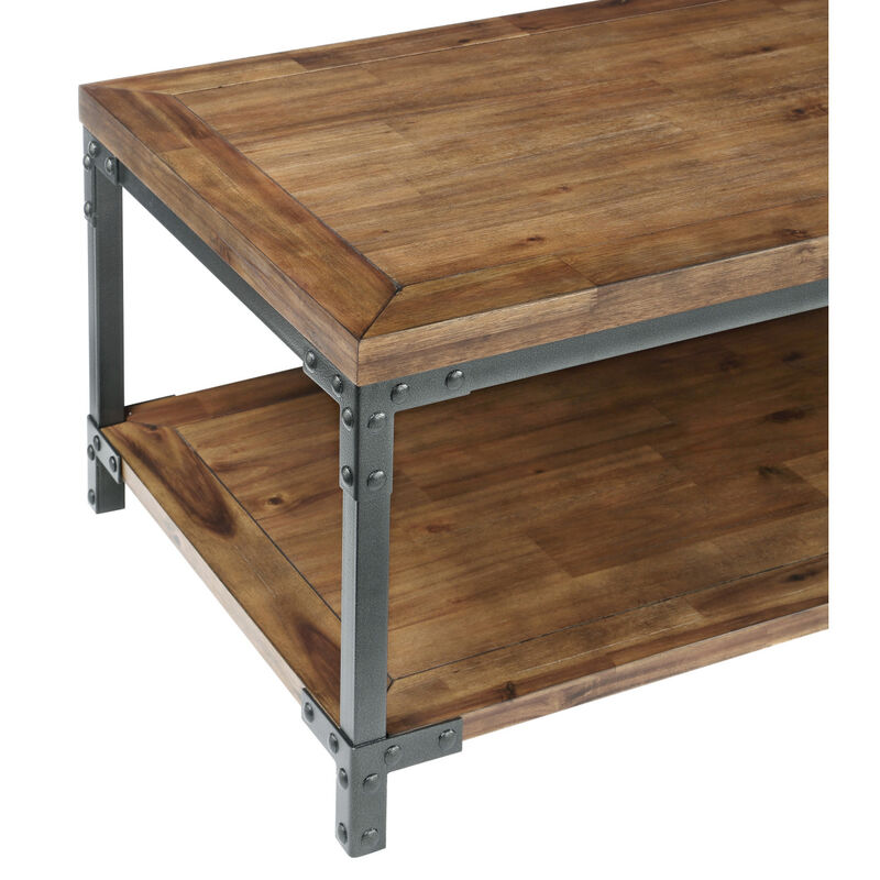 Rustic-Industrial Cocktail Table - Mixed Media Styling, Antiqued Honey Finish, Bottom Shelf - Attitude and Functionality