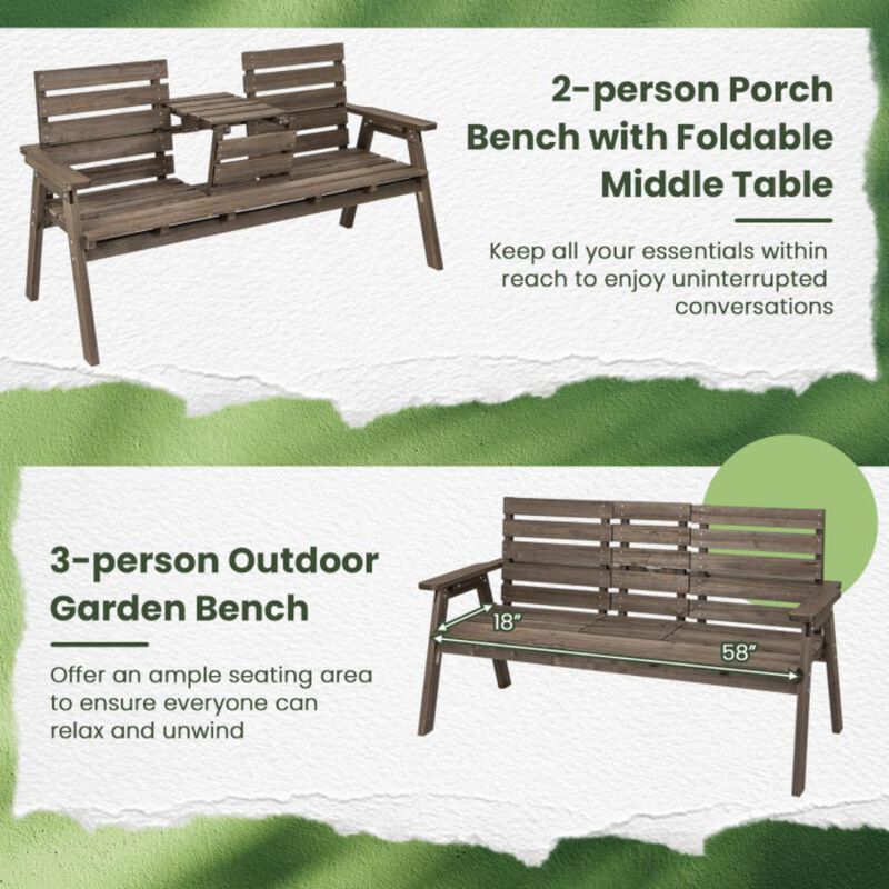 Hivvago Outdoor Fir Wood Bench with Foldable Middle Table-Gray