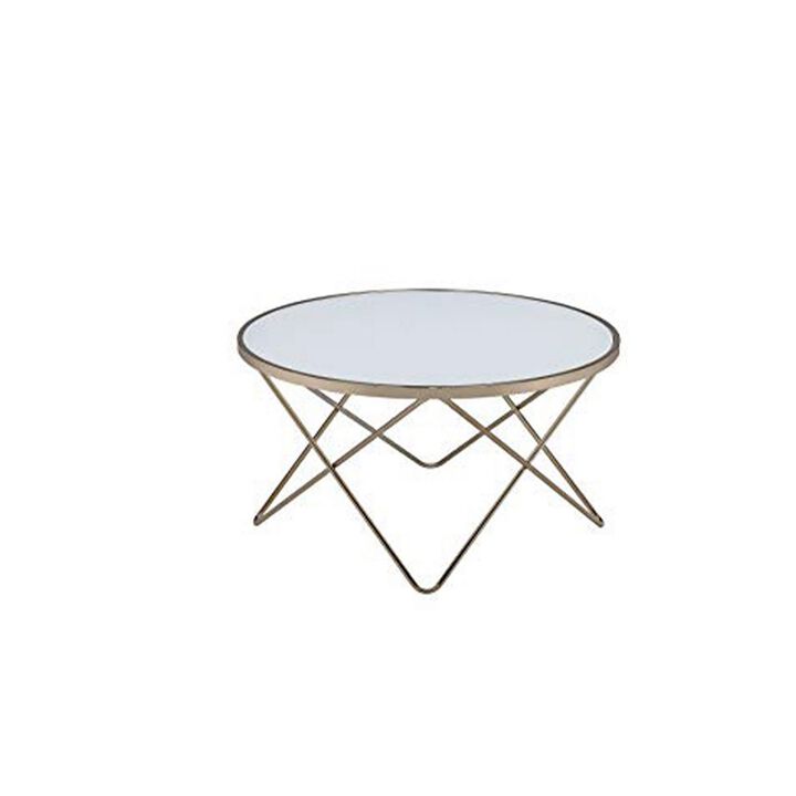 Contemporary Style Round Glass and Metal Coffee Table, White and Gold-Benzara