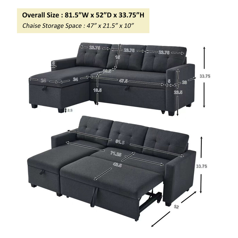 Merax Upholstered Pull Out Sectional Sofa with Storage Chaise