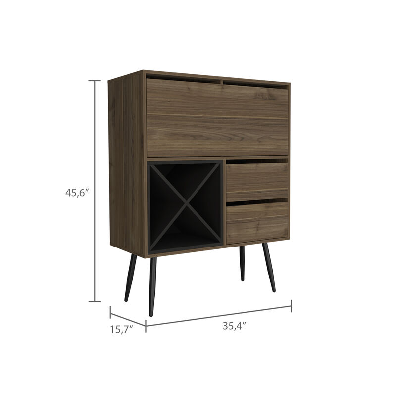 DEPOT E-SHOP Thistle Bar Two Drawers, Four Double Racks, Single Cabinet, Mahogany / Black