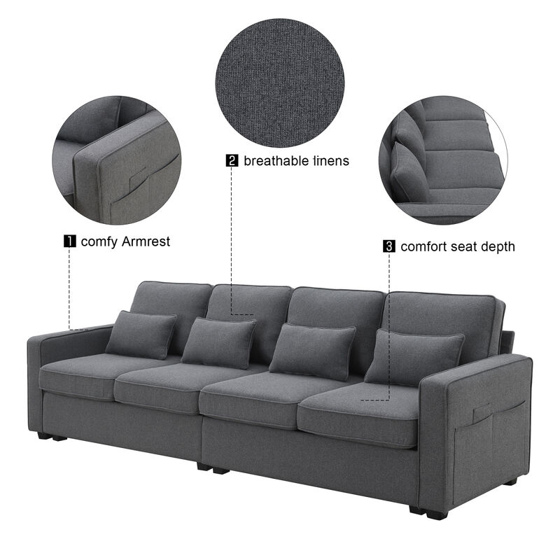 Sofa With Armrest Pockets And 4 Pillows, Minimalist Style