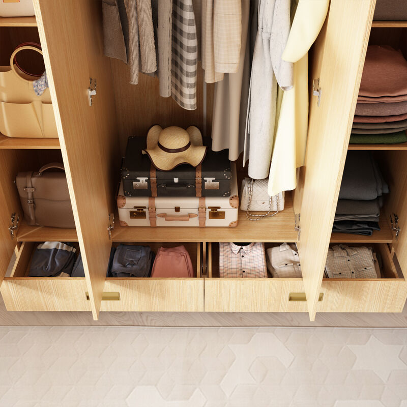 FUFU&GAGA Spacious 4-Door Wardrobe with Shelves, Drawers, and Hanging Rod, (63" W x 18.1" D x 66.9" H),Brown
