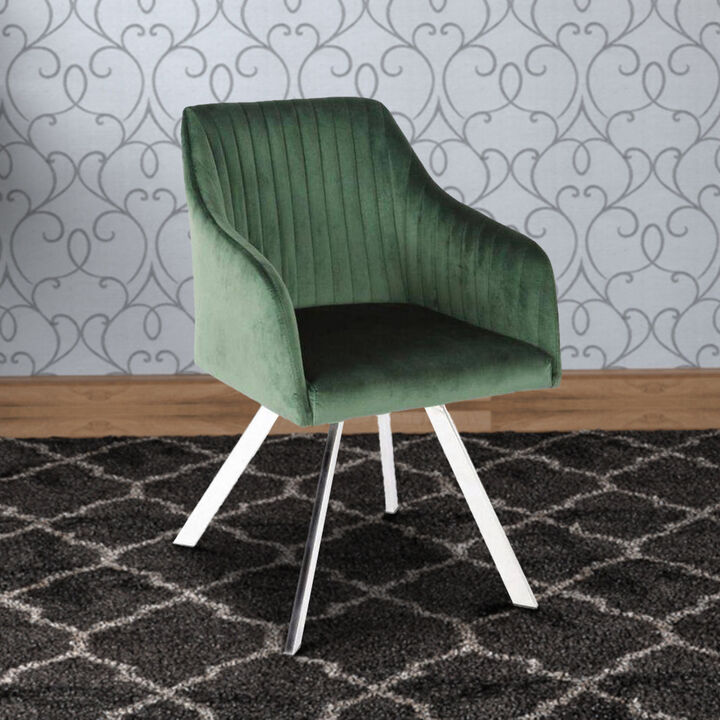 Metal Swivel Dining Chair with Channel Tufted Seat, Green-Benzara