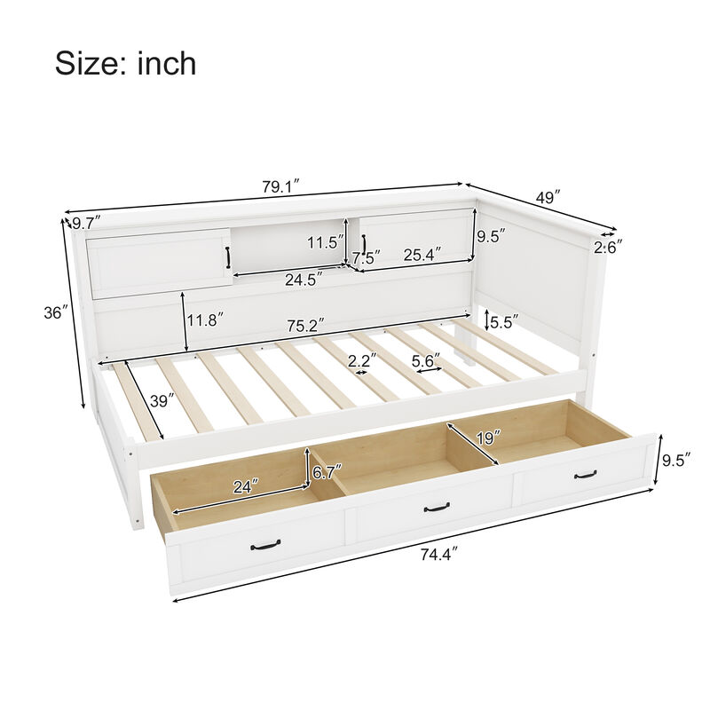 Merax L-Shaped  Daybed with Drawer and Bookcase