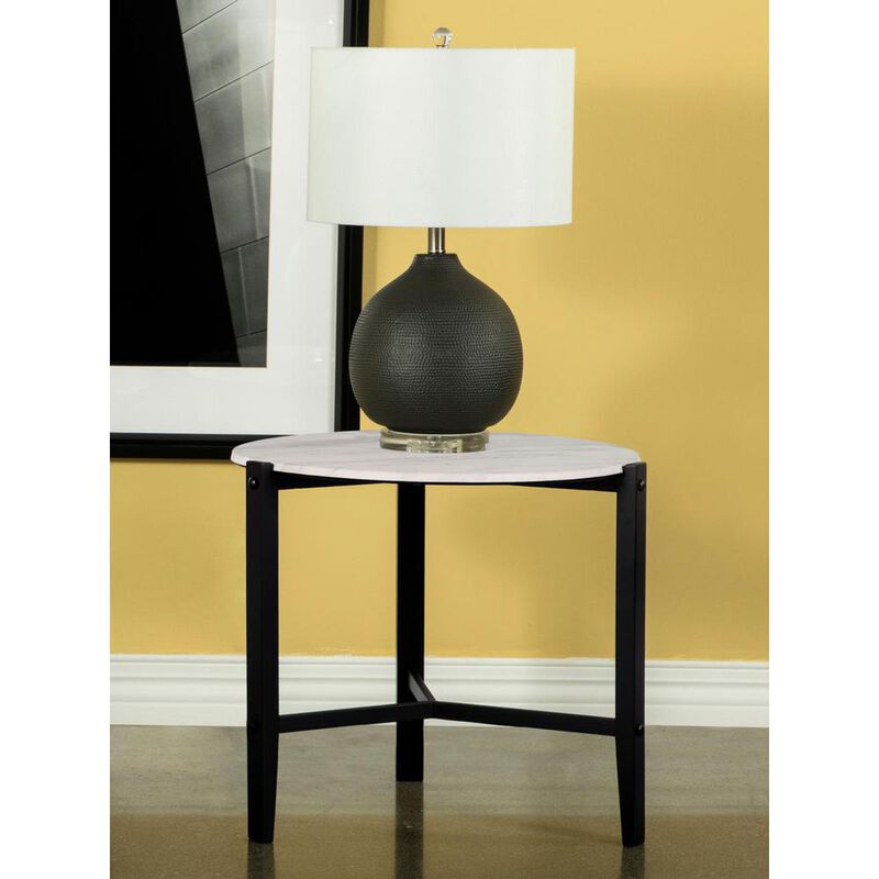 Tandi Round End Table Faux White Marble and Black