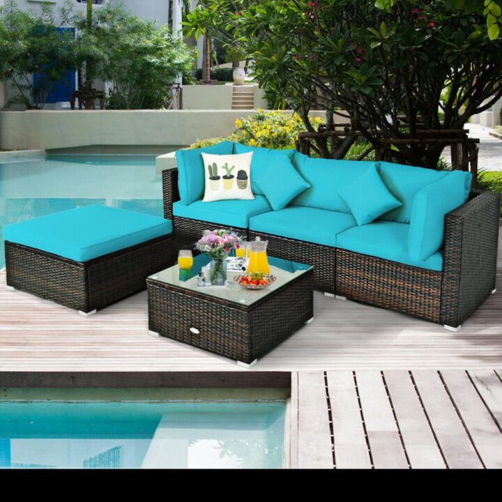 Hivvago 5 Pcs Outdoor Patio Rattan Furniture Set Sectional Conversation with Navy Cushions