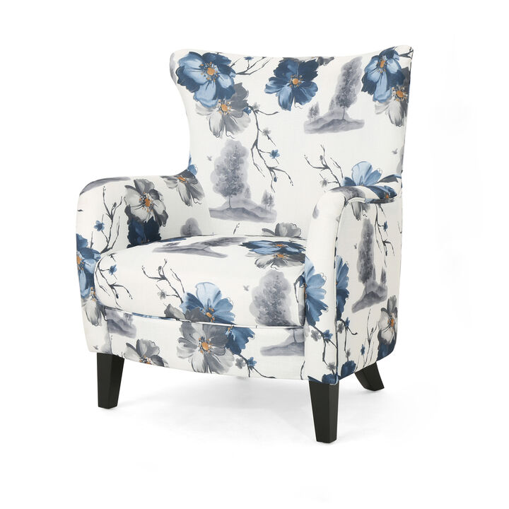 Riyank Wingback Armchair, White Blue Gray Floral Design, Black Wood Legs - Benzara