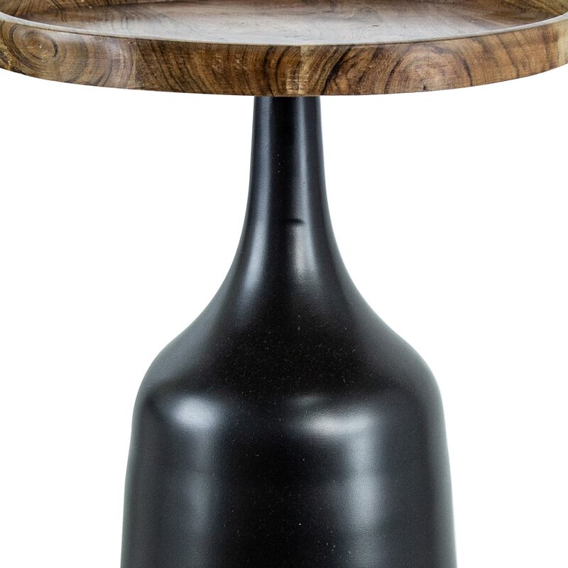 20, 17 Inch Side Table, Acacia Wood, Flared Pedestal Base, Aluminum, Black - Benzara