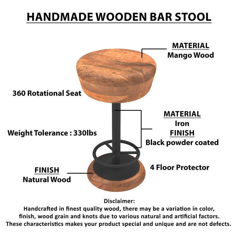 Rustic Charm Swivel Counter Bar Stool 24 Inch Handcrafted, Brown Mango Wood Round Seat, Black Iron Base with Footrest